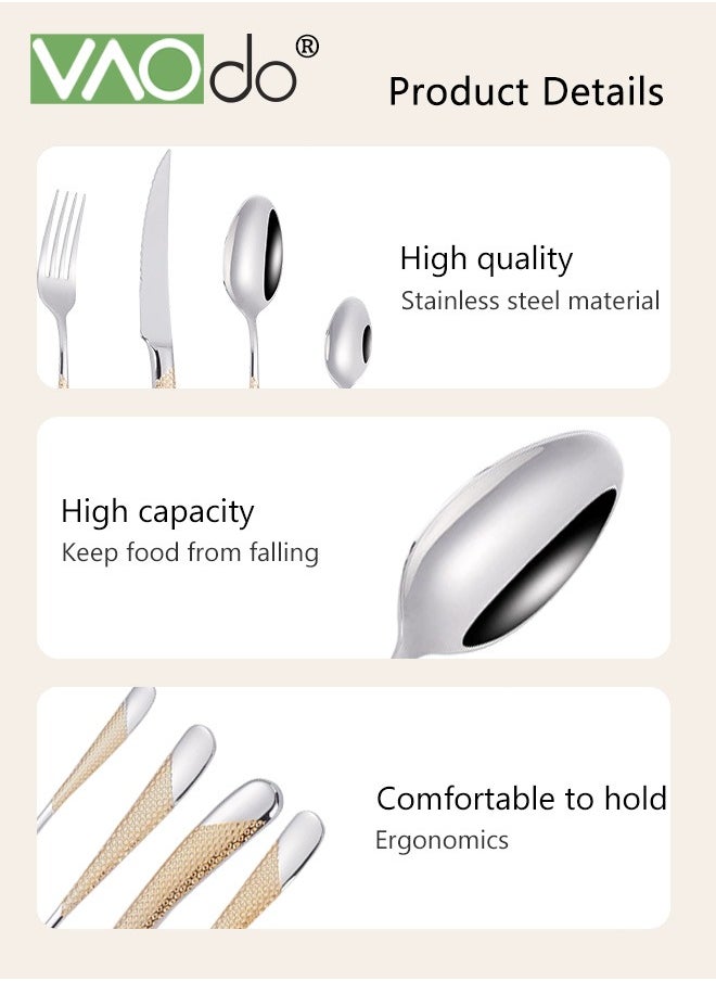 VAOdo - 24PCS Hammered Silverware Set Stainless Steel Square Flatware Set for 6 Metal Tableware Cutlery Set Includes Dinner Knives Forks Spoons Modern Design Mirror Polished Dishwasher Safe - Image 1