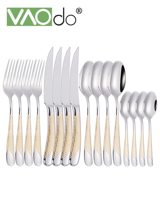 VAOdo - 24PCS Hammered Silverware Set Stainless Steel Square Flatware Set for 6 Metal Tableware Cutlery Set Includes Dinner Knives Forks Spoons Modern Design Mirror Polished Dishwasher Safe - Image 1