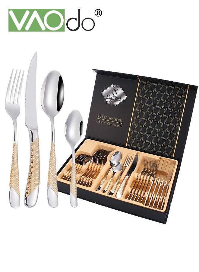 VAOdo 24PCS Hammered Silverware Set Stainless Steel Square Flatware Set for 6 Metal Tableware Cutlery Set Includes Dinner Knives Forks Spoons Modern Design Mirror Polished Dishwasher Safe - Image 1