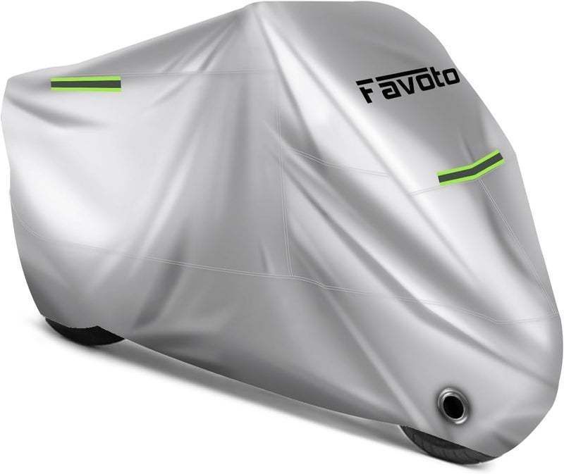Favoto Motorcycle Cover Waterproof Outoor - Universal Heavy Duty Oxford Fabric with Lock-Hole 3 Night Reflectors Windproof Buckles Storage Bag Rain Dust Sun Protection Silver, 86.6 inch - Image 1