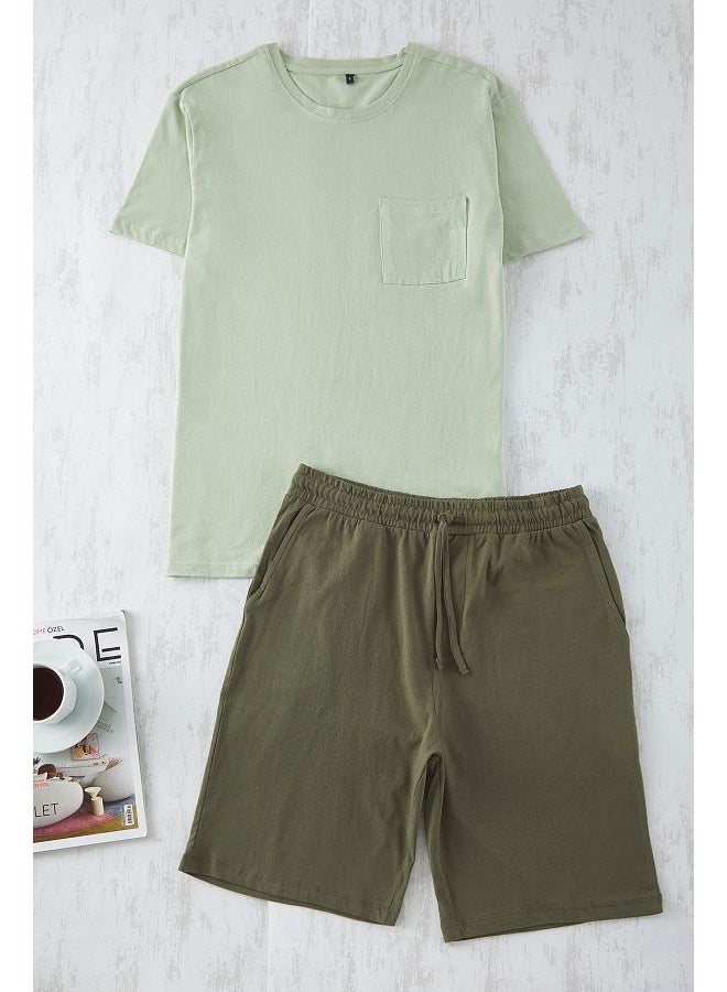 trendyol Mint -Khaki Regular Fit 100% Cotton Knitted Shorts Pajama Set TMNSS25PT00033  - Image 1
