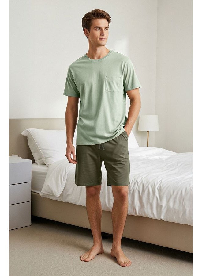 trendyol Mint -Khaki Regular Fit 100% Cotton Knitted Shorts Pajama Set TMNSS25PT00033  - Image 2