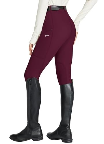 Willit Women's Horse Riding Pants Knee-Patch Equestrian Breeches Horseback Schooling Tights Zipper Pockets Burgundy S - Image 3