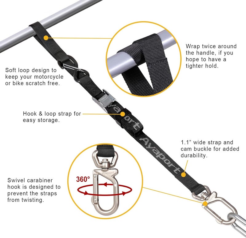 Ayaport Motorcycle Tie Down Straps 1.1” x 7’ (with Swivel Carabiner Hooks) Cam Buckle Tie Downs, Handlebar Strap for Dirt Bike, Motor Bike, Kayak, Car, Truck, Boat, Cargo, Black (1.1" x7'-2pcs) - Image 2
