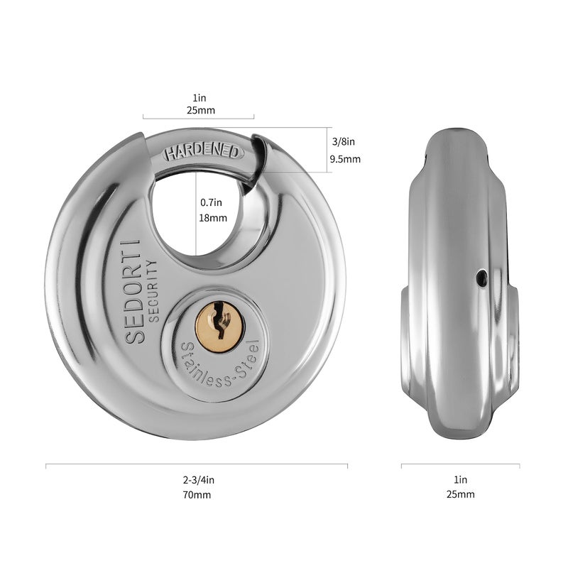 SEDORTI 5-Pack Disc Padlocks Keyed Alike, 2-3/4 inch Wide, Stainless Steel 304 Round Lock, Waterproof and Rustproof Storage Lock with Brass Keys, Ideal for Storage Unit Gate, Outdoor, Shed, Fence - Image 5