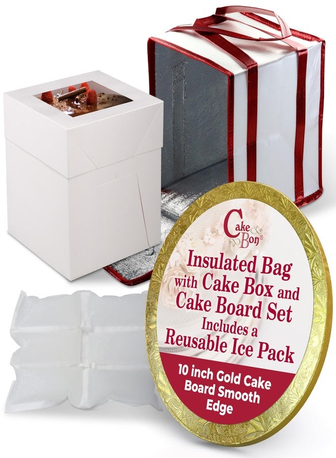 Cakebon Cake Box and Boards, 10-Inch Round Gold Smooth Edges 1/2- Inch Thick Drums with Insulated Bag and Ice Pack - Cake Transport Set, Cooler for Cake Delivery and Transport (1pc Each, 4pcs Total) - Image 1