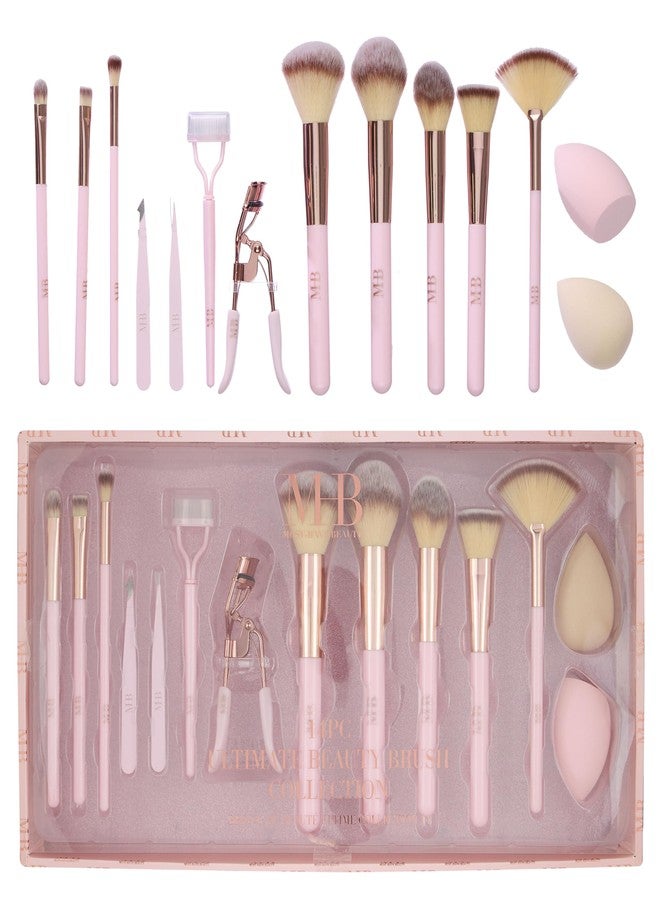 Expressions 14pc Ultimate Beauty Brush Collection -Full Makeup Brush, Eyelash Curler, Tweezer and Sponge Set for Flawless Results | Professional Cosmetic Brushes (ROSE GOLD) - Image 1