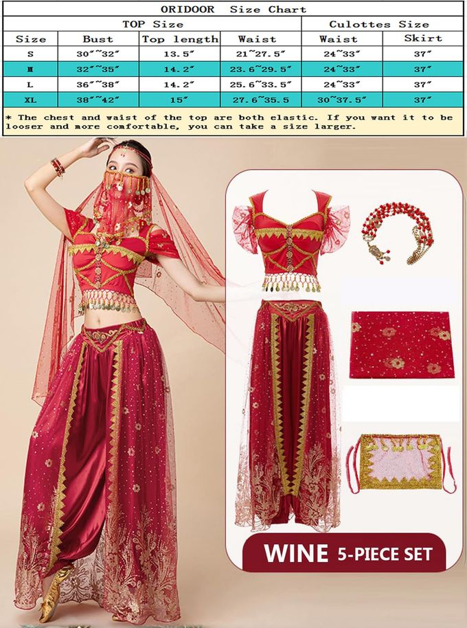 ORIDOOR Women's New Aladdin Jasmine Princess Belly Dance Halloween Costume Set Belly Dance for Dress Up Party 5 Piece Outfit (Small Wine red) - Image 3