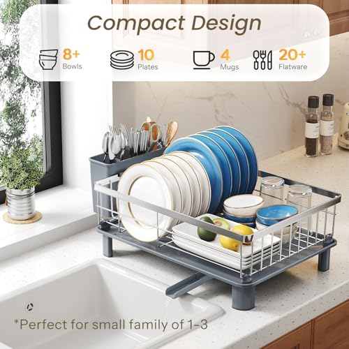 SNTD Dish Drying Rack - Small Dish Rack for Kitchen Counter, Stainless Steel Dish Drainer with Utensil Holder and Drainboard, 11" W x 15" L (Silver) - Image 3