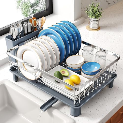 SNTD Dish Drying Rack - Small Dish Rack for Kitchen Counter, Stainless Steel Dish Drainer with Utensil Holder and Drainboard, 11" W x 15" L (Silver) - Image 1