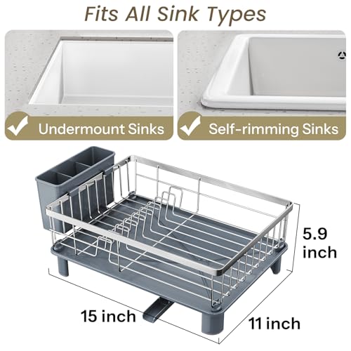 SNTD Dish Drying Rack - Small Dish Rack for Kitchen Counter, Stainless Steel Dish Drainer with Utensil Holder and Drainboard, 11" W x 15" L (Silver) - Image 2
