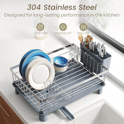 SNTD Dish Drying Rack - Small Dish Rack for Kitchen Counter, Stainless Steel Dish Drainer with Utensil Holder and Drainboard, 11" W x 15" L (Silver) - Image 5