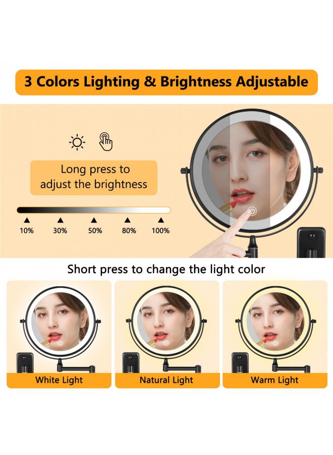 DECLUTTR Rechargeable Wall Mounted Lighted Makeup Mirror, 8 inch 10X Magnifying Mirror with 3 Color Lights, Dimmable Touch Screen Makeup Mirror with Lights for Bathroom, Black - Image 3