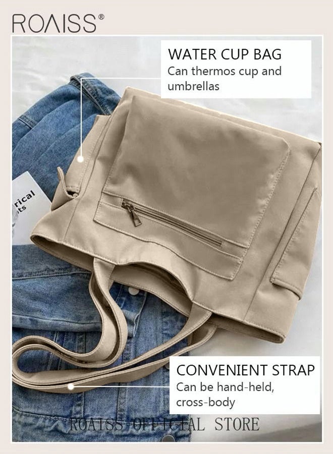 roaiss Women's Canvas Bag Large Capacity One Shoulder Messenger Tote Bag Casual Solid Color Versatile Work Commuting  - Image 4