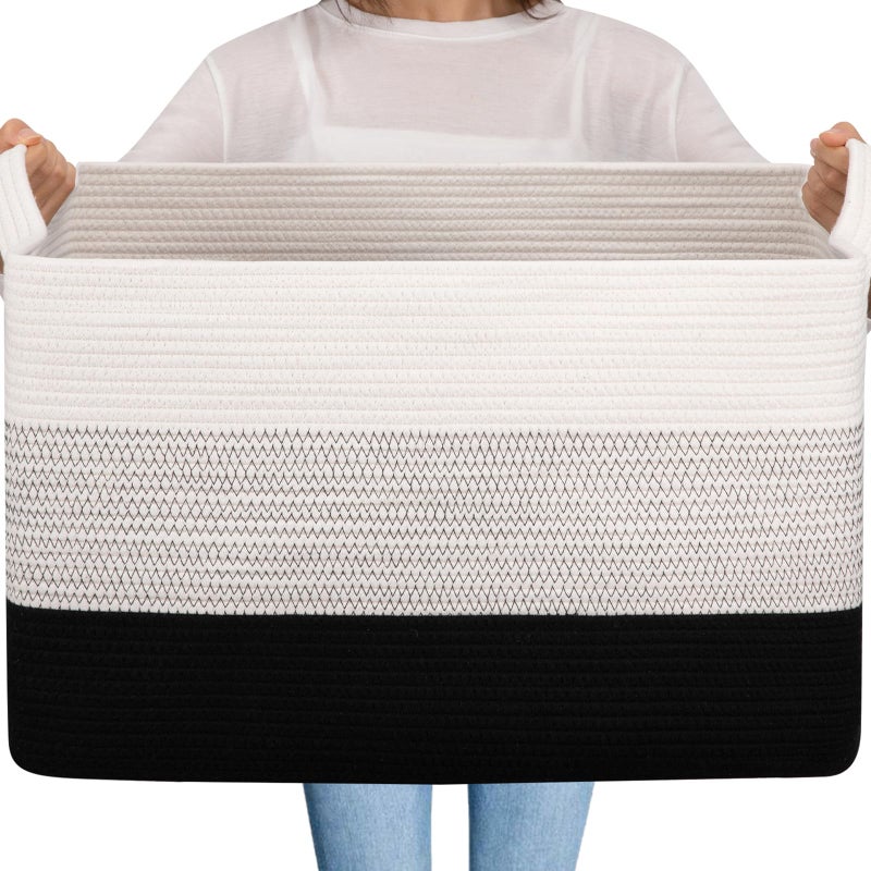 OIAHOMY Extra Large Blanket Basket, 95L Cotton Rope Woven Laundry Basket, Toy Bin for Baby Room, Container for Blanket Storage in Living Room, 24''Ã—17''Ã—14'', Gradient Black - Image 1
