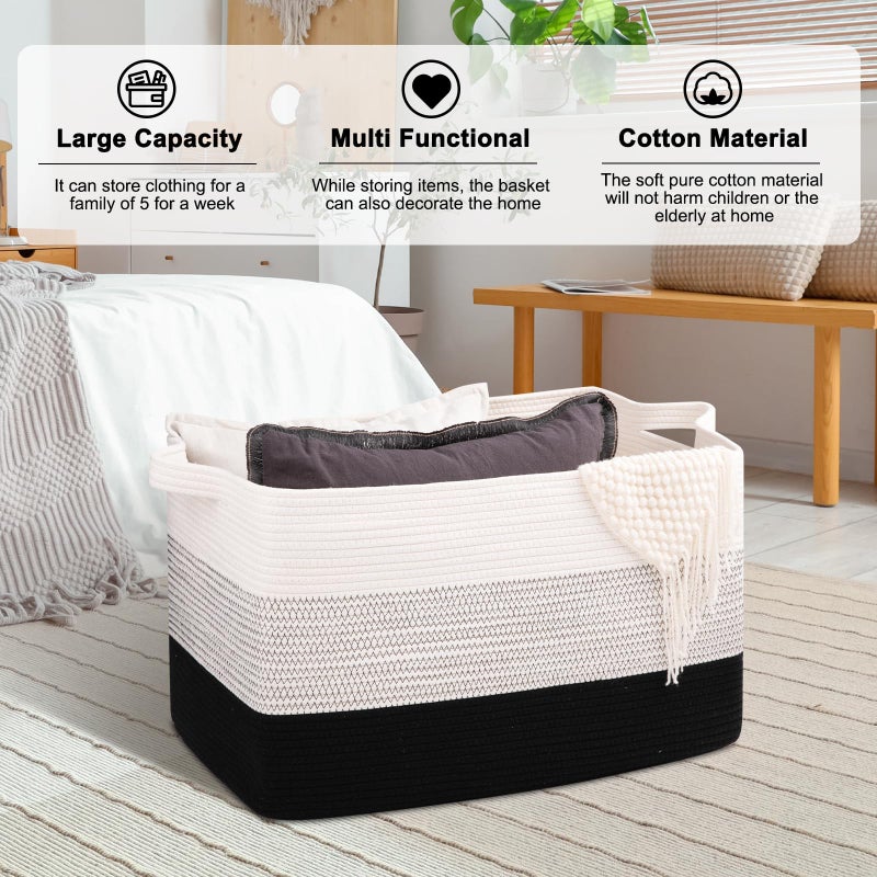 OIAHOMY Extra Large Blanket Basket, 95L Cotton Rope Woven Laundry Basket, Toy Bin for Baby Room, Container for Blanket Storage in Living Room, 24''Ã—17''Ã—14'', Gradient Black - Image 5