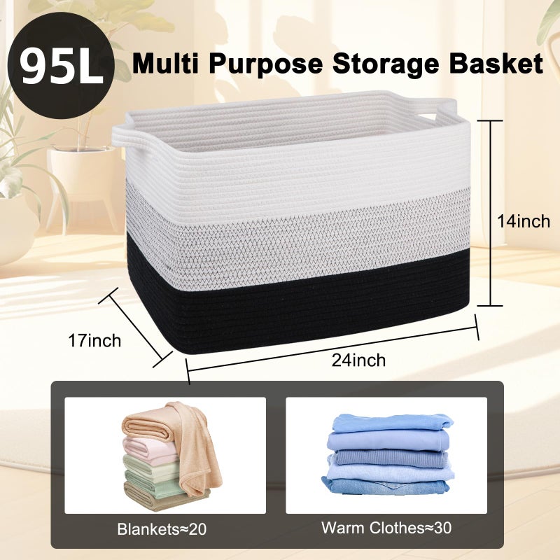OIAHOMY Extra Large Blanket Basket, 95L Cotton Rope Woven Laundry Basket, Toy Bin for Baby Room, Container for Blanket Storage in Living Room, 24''Ã—17''Ã—14'', Gradient Black - Image 4