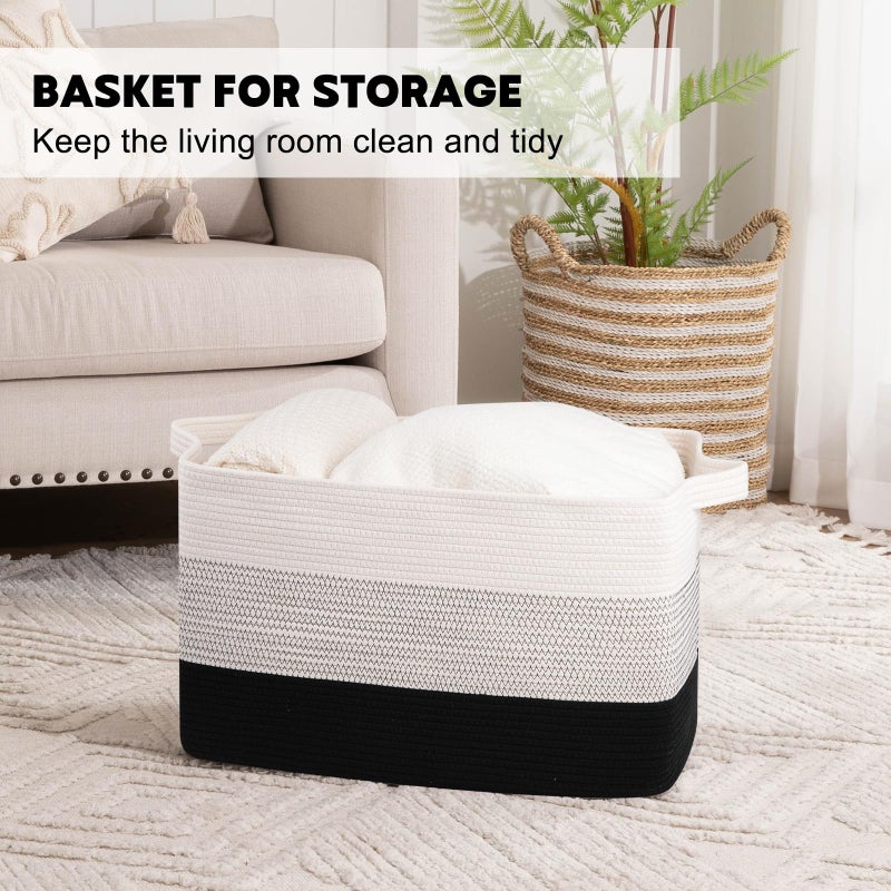 OIAHOMY Extra Large Blanket Basket, 95L Cotton Rope Woven Laundry Basket, Toy Bin for Baby Room, Container for Blanket Storage in Living Room, 24''Ã—17''Ã—14'', Gradient Black - Image 3