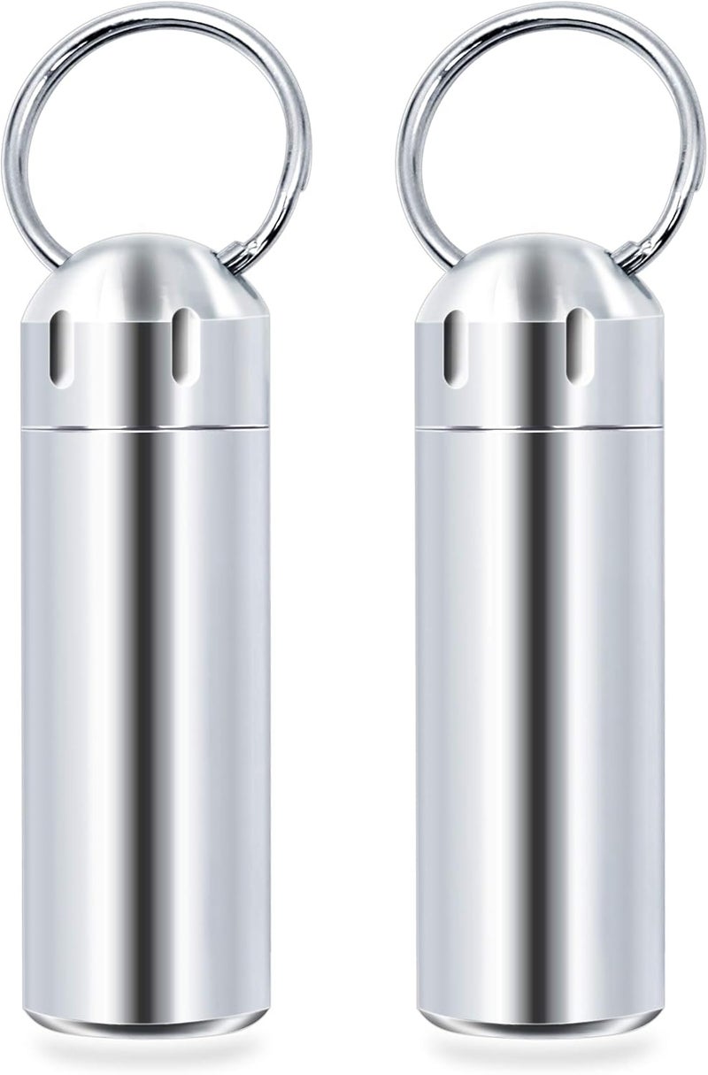 SHD 2 Pack Pill Container Keychain Pill Holder 100% Waterproof Pill Case Single Chamber Stainless Steel Pill Box (Silver)