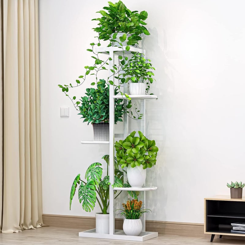 LINZINAR حامل نباتات من ، معدني، 5 طبقات و6 أصص، متعدد الأصص، رف حامل للأواني، داخلي وخارجي، وحدة عرض للأصص للفناء والحديقة والزاوية والشرفة وغرفة المعيشة (5 طبقات و6 أصص، أبيض) - Image 2