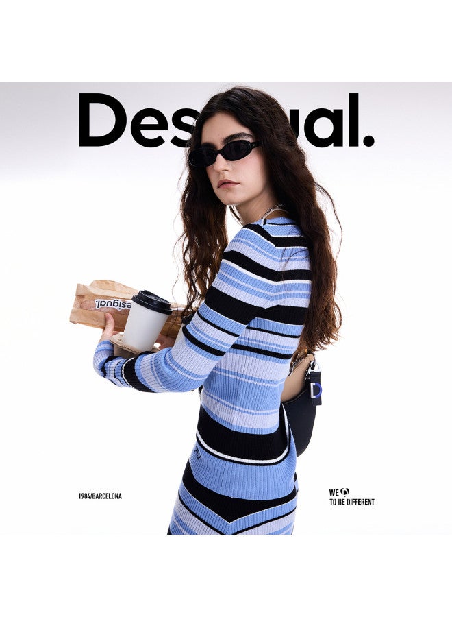 DESIGUAL 25 سترة نسائية محبوكة جديدة مخططة بألوان متباينة بكم دائري لخريف/شتاء - Image 4
