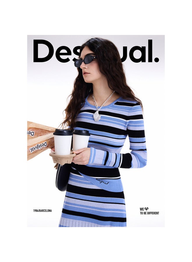 DESIGUAL 25 سترة نسائية محبوكة جديدة مخططة بألوان متباينة بكم دائري لخريف/شتاء - Image 2
