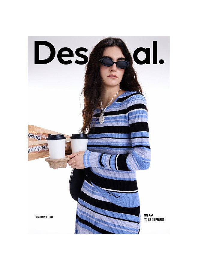 DESIGUAL 25 سترة نسائية محبوكة جديدة مخططة بألوان متباينة بكم دائري لخريف/شتاء - Image 5