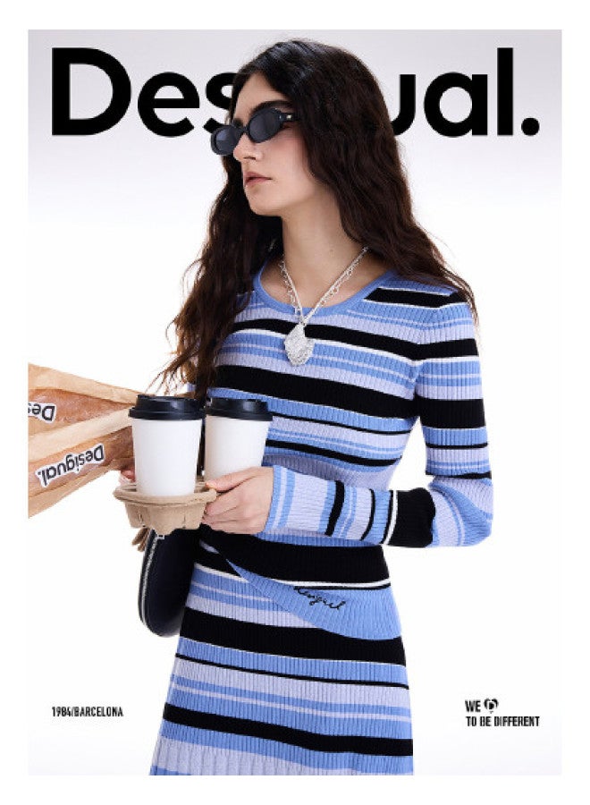 DESIGUAL 25 سترة نسائية محبوكة جديدة مخططة بألوان متباينة بكم دائري لخريف/شتاء - Image 1