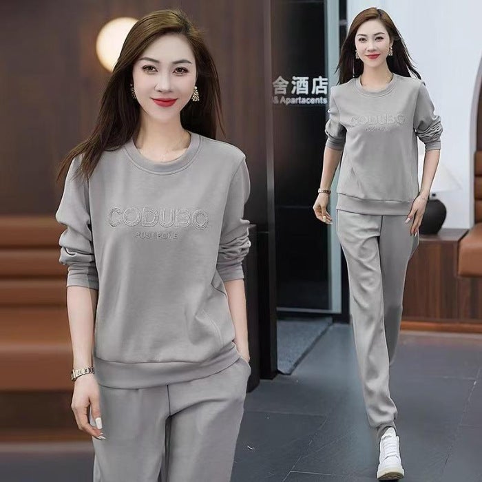 Fashionable Womens Sports Suit Autumn 2024 Collection Casual Sweatshirt With Round Neck For Running And Travel Gray