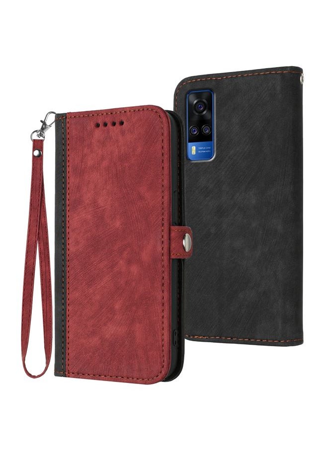 HuHa - Case Cover For vivo Y51 2020 India/Y31 4G India Side Buckle Double Fold Hand Strap Leather Phone Case Red - Image 1