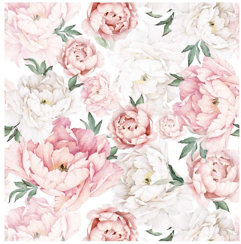 Blooming Wall PS040 PeelStick White Pink Fresh Peony SelfAdhesive Prepasted Wallpaper Wall Mural