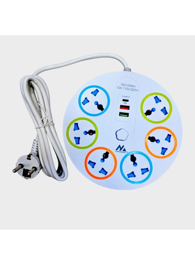 006U Round 6-Socket Power Strip with 2 USB + Type-C – Multi-Device Charging & Power