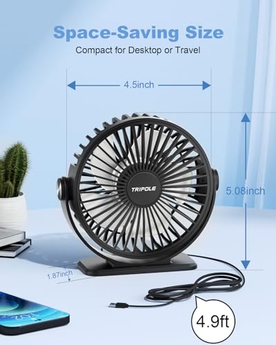 TriPole Desk Fan 2 Pack Black USB Powered Small Portable Fan 3 Speeds Adjustable Strong Breeze Mini Personal Fan 360 Rotation Quiet Plug In USB Fan for Desktop Bedroom Office Table Travel 45in - Image 3