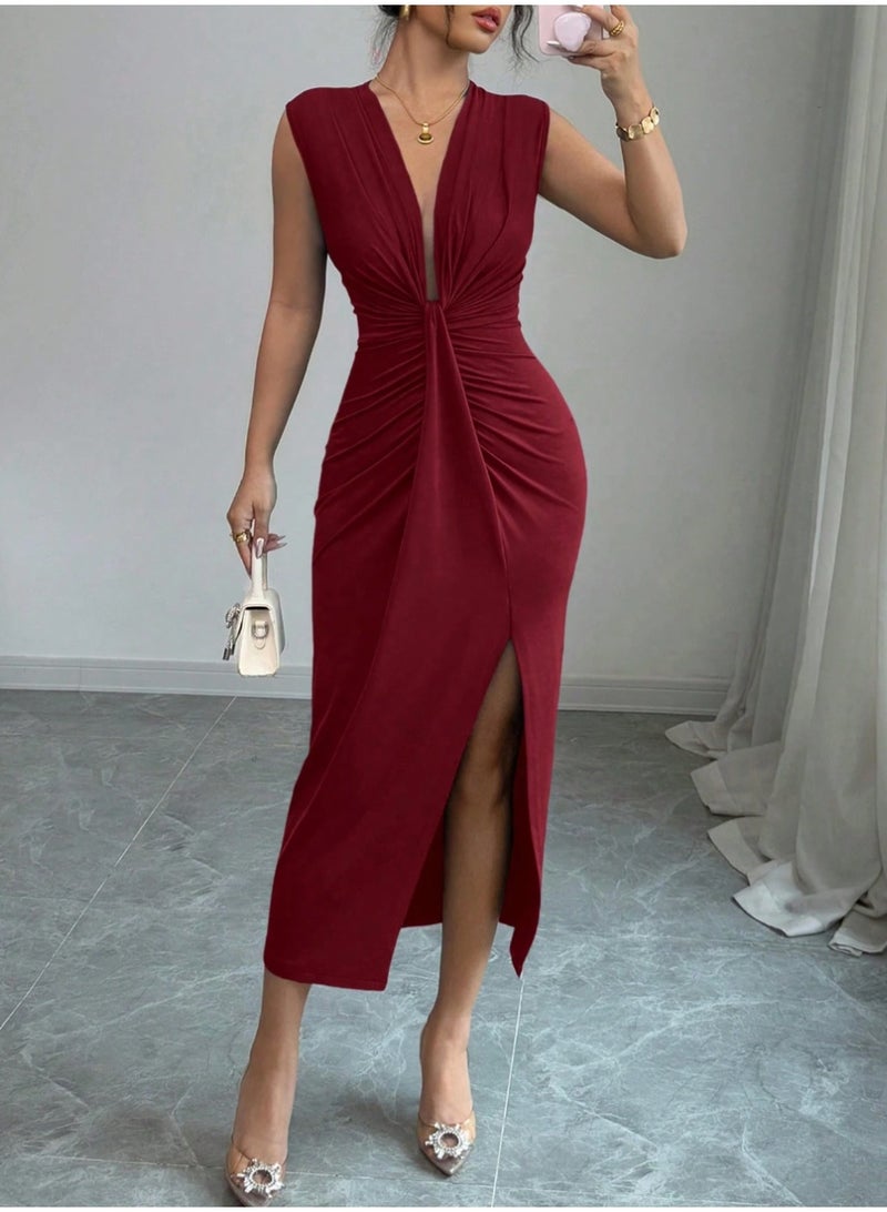 SHEIN Sleeveless Deep V-Neck Front Draped Hem Split Dress For Women, Spring/Summer - Image 1