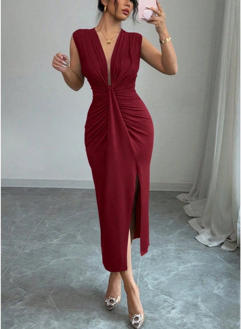 SHEIN Sleeveless Deep V-Neck Front Draped Hem Split Dress For Women, Spring/Summer - Image 2