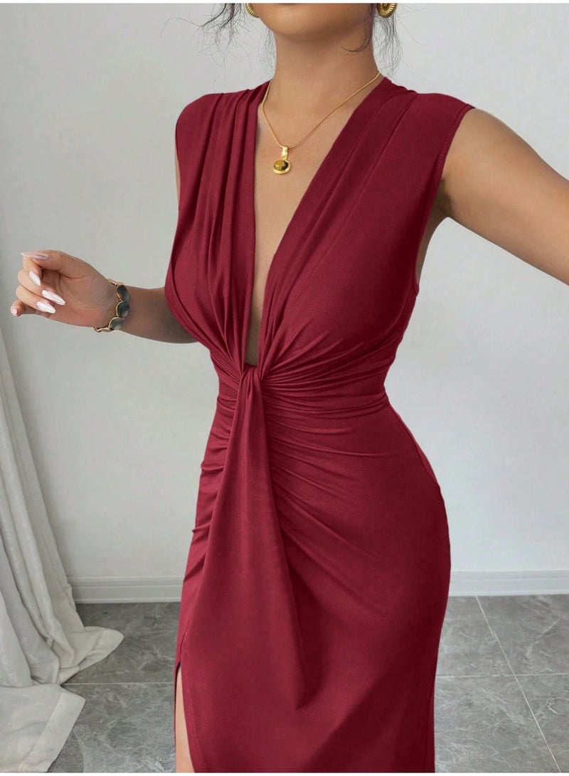 SHEIN Sleeveless Deep V-Neck Front Draped Hem Split Dress For Women, Spring/Summer - Image 3
