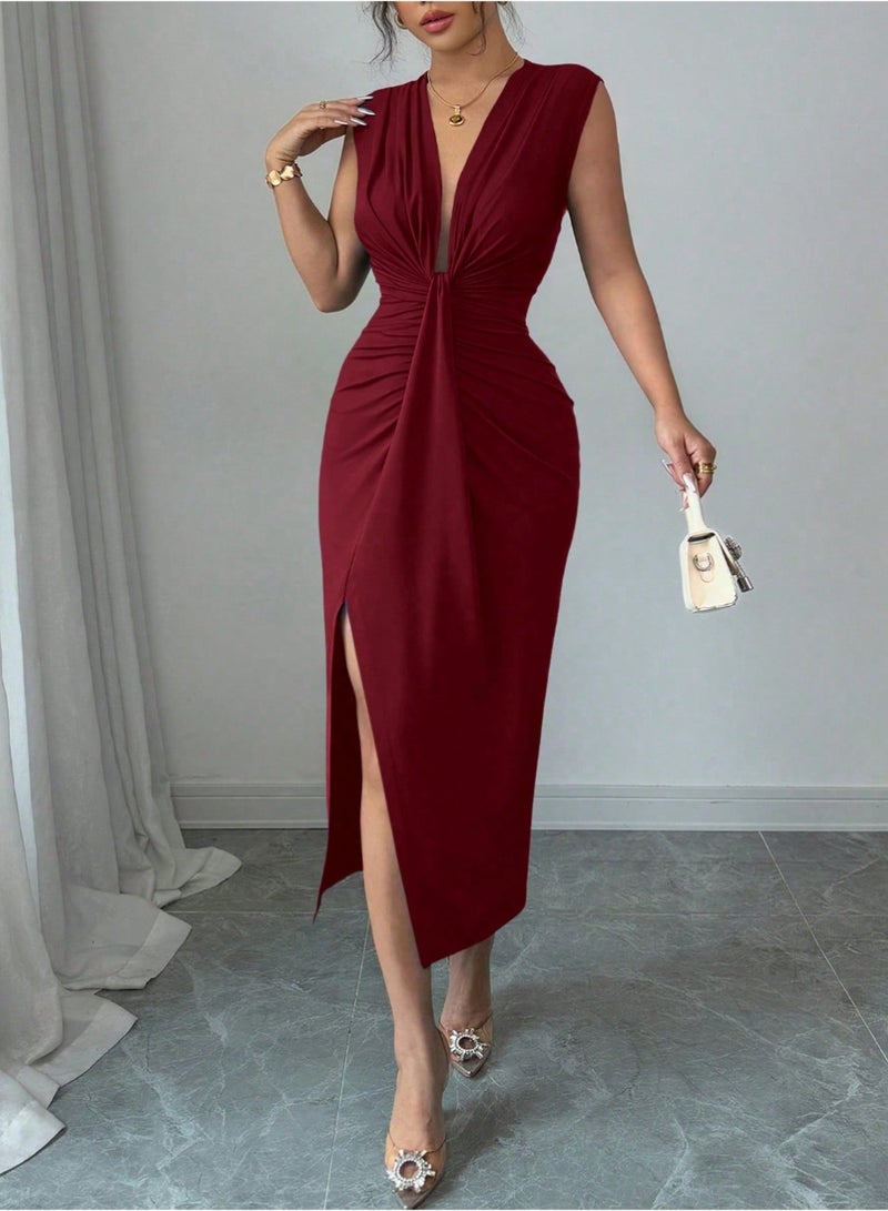 SHEIN Sleeveless Deep V-Neck Front Draped Hem Split Dress For Women, Spring/Summer - Image 4