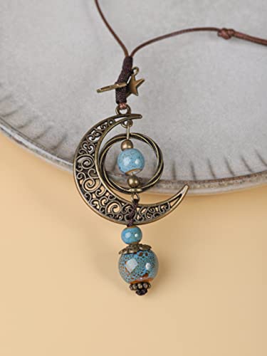 MINACHI Vintage Bohemian Hippie Blue Ceramic Beads Moon Star Lariat Necklace, Boho Hippie Statement Jewelry Gift for Women - Image 2