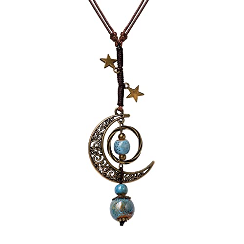 MINACHI Vintage Bohemian Hippie Blue Ceramic Beads Moon Star Lariat Necklace, Boho Hippie Statement Jewelry Gift for Women - Image 1