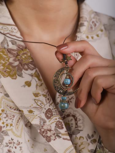 MINACHI Vintage Bohemian Hippie Blue Ceramic Beads Moon Star Lariat Necklace, Boho Hippie Statement Jewelry Gift for Women - Image 5