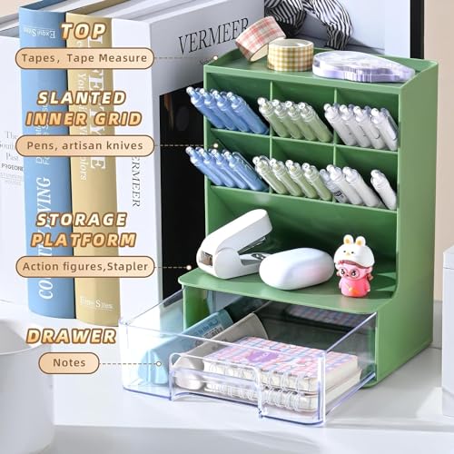 Home Cube Desk Organizer With Drawer Desktop Office Stationery Storage Box Desk Accessories Mobile Holder Table Organiser Study Table Desk Organizer (2020, Green) - Plastic - Image 3