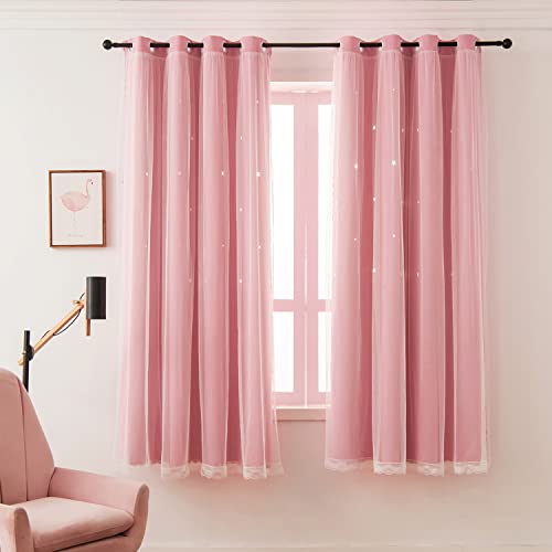 LUGOTAL Girls Curtains for Living Room Bedroom Curtain Double Layer Blackout Curtains 63 Inch Length Star Cutout Pink Curtain Window Drapes for Nursery (Pink, 42W x 63L,2 Panels) - Image 2
