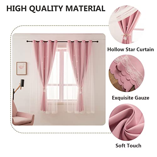 LUGOTAL Girls Curtains for Living Room Bedroom Curtain Double Layer Blackout Curtains 63 Inch Length Star Cutout Pink Curtain Window Drapes for Nursery (Pink, 42W x 63L,2 Panels) - Image 4