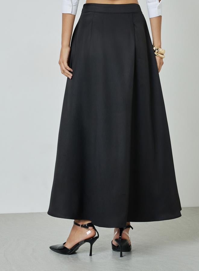 Styli Black Solid Pleated A-Line Maxi Skirt with Pocket Details - Image 4