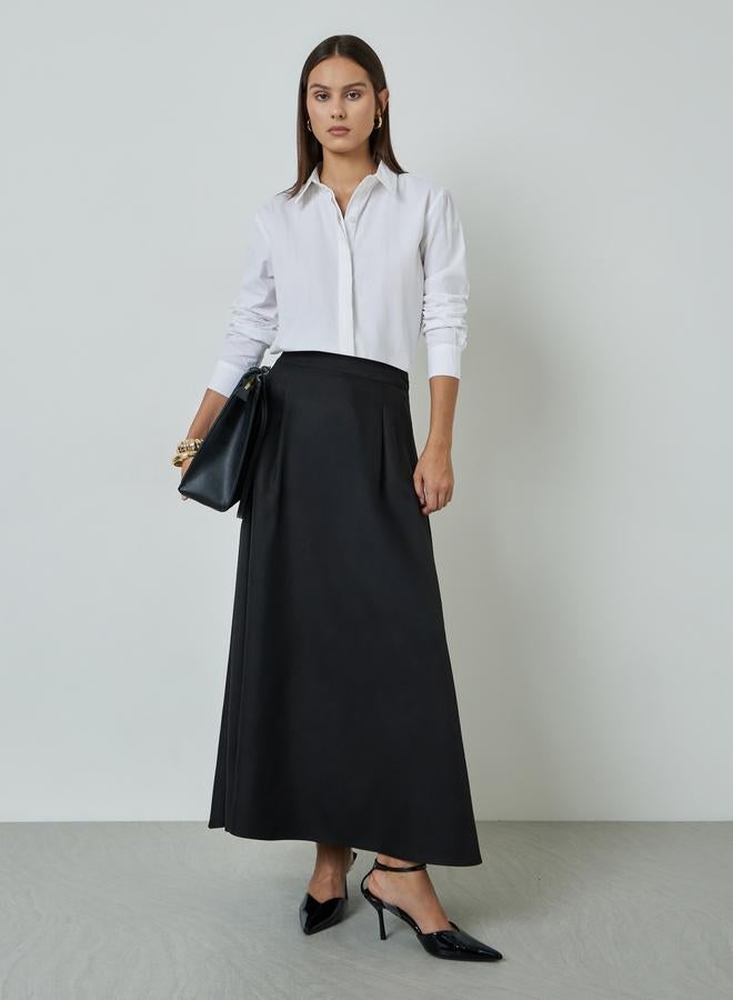 Styli Black Solid Pleated A-Line Maxi Skirt with Pocket Details - Image 2