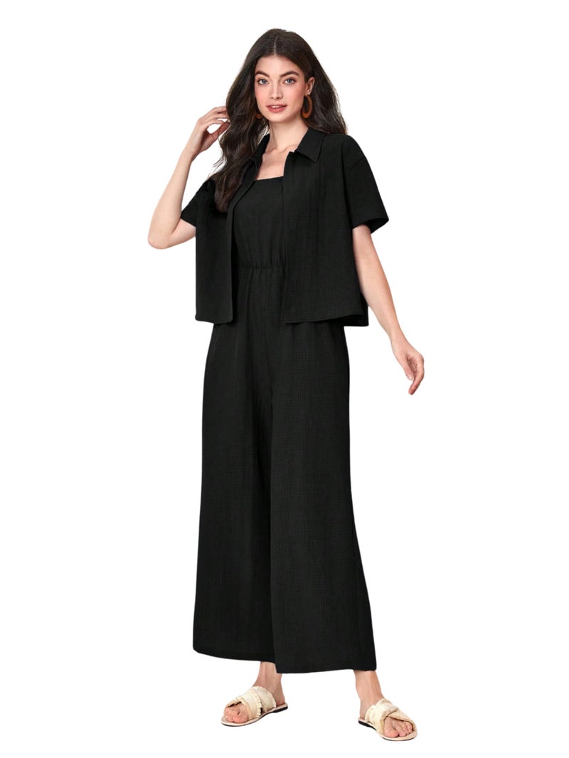 TOPLOT Women's Jumpsuit Co-ord Set | Soft Breathable Feel | Comfortable Fit with Easy Movement | Stylish One-Piece Outfit Design | Perfect for Casual & Travel (Jump-Suit-5225-Black-XXL) - Image 1