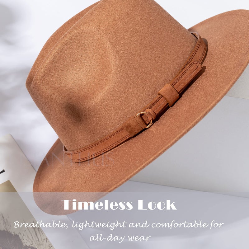 Lisianthus Men & Women Vintage Wide Brim Fedora Hat with Belt Buckle A-Khaki 59-60cm - Image 5