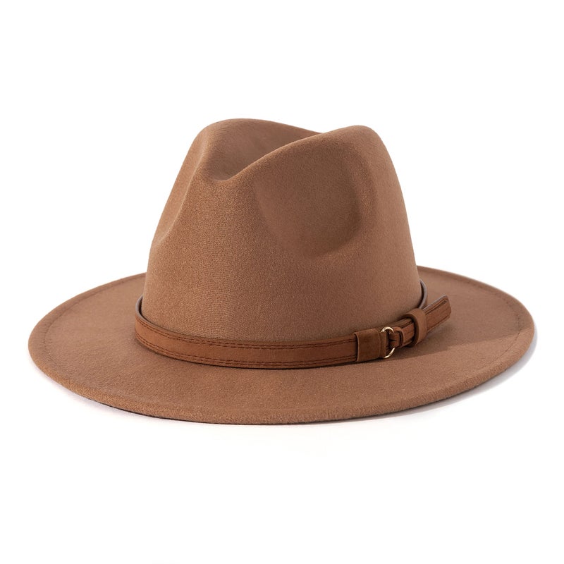 Lisianthus Men & Women Vintage Wide Brim Fedora Hat with Belt Buckle A-Khaki 59-60cm - Image 1