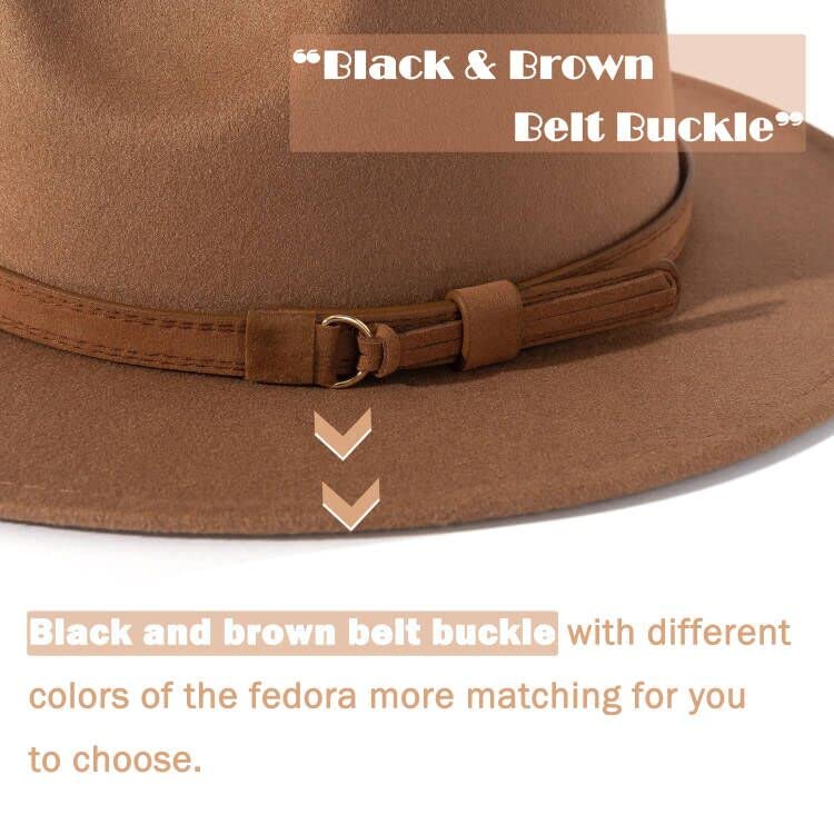 Lisianthus Men & Women Vintage Wide Brim Fedora Hat with Belt Buckle A-Khaki 59-60cm - Image 2