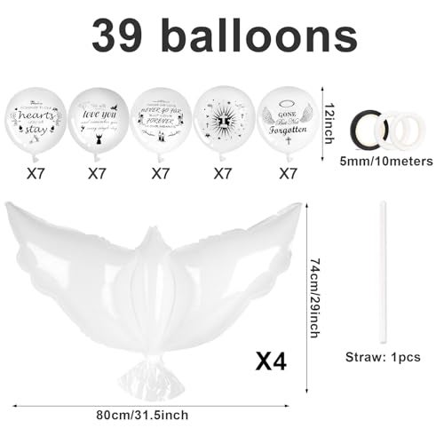 Eaezerav 39 Pcs Dove Memorial Balloons to Release in Sky Peace Dove White Biodegradable Balloons Memory Life Floting Balloon for Funeral Condolence Anniversary Happy Heavenly Memorial Decorations - Image 5